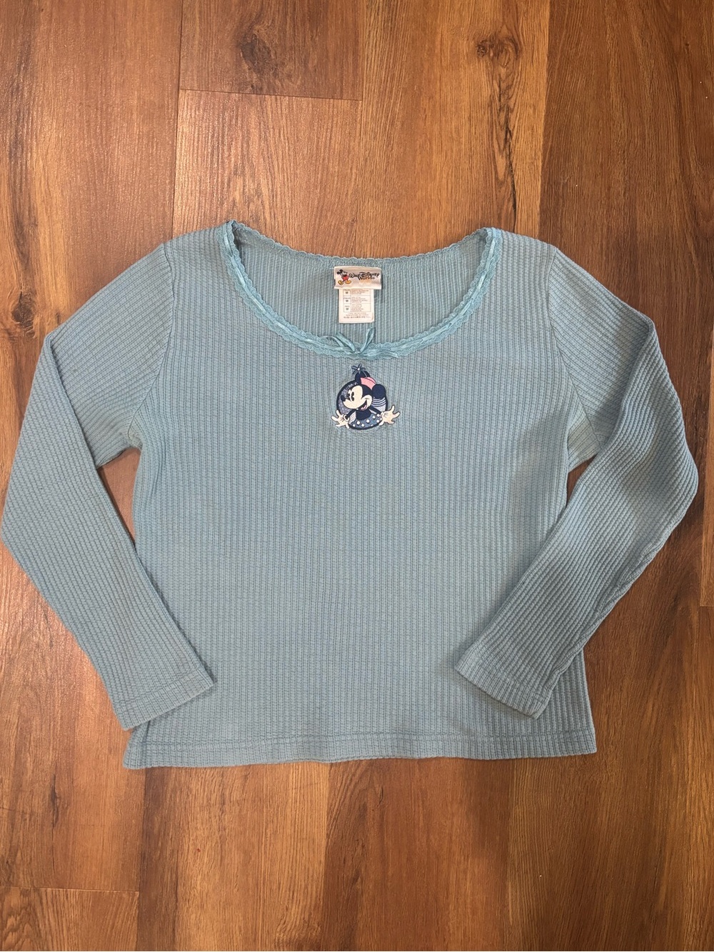 Vintage Disney Blue Waffle Knit Minnie Mouse Long Sleeve Top Women’s Medium